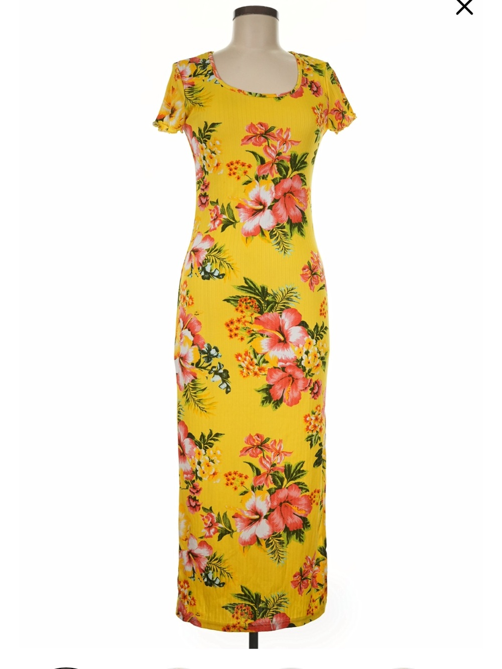 Yellow Floral Scoop Neck Women's Dress